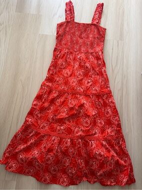 Mira Lobster Tiered Midi Dress smocked cotton red white 4th of July Party Dress